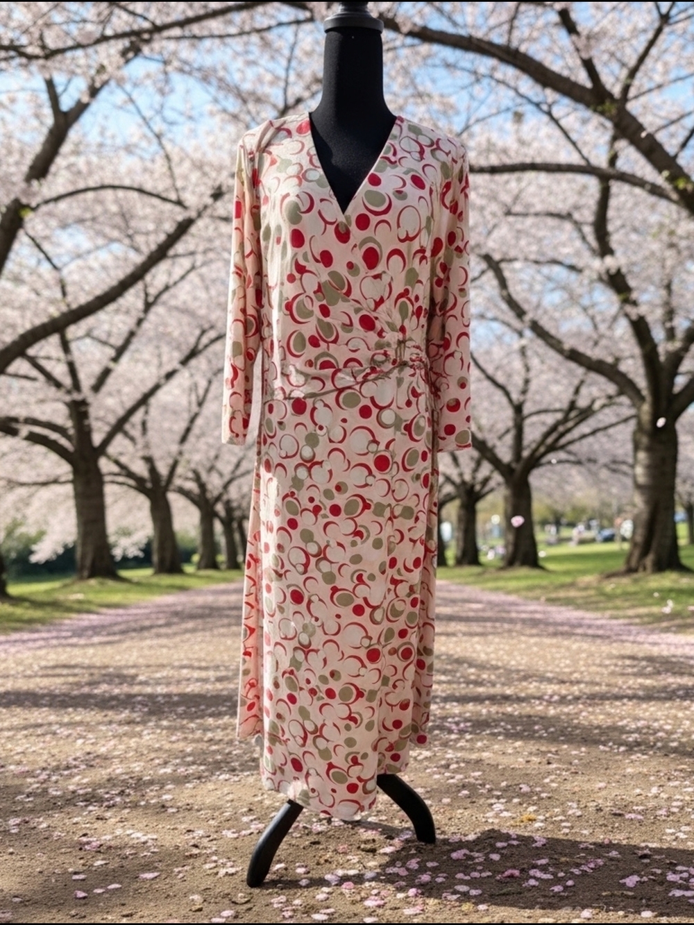 Women's Cream Wrap Dress with Pink & Green Print (A51)